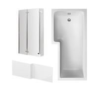 Balterley 1700 x 850mm L Shape Shower Bath with Leg Set, 3 Panel Chrome Center Hinge Shower Screen & L Shaped Bath Panel, Left Hand Single Ended Gloss White Soaking Baths, Acrylic Baths (White)