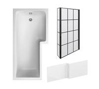 Balterley 1700 x 850mm L Shape Shower Bath with Leg Set, Black Grid Fixed Return Shower Screen & L Shaped Bath Panel, Right Hand Single Ended Gloss White Soaking Baths, Acrylic Baths (White)