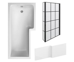 Balterley 1700 x 850mm L Shape Shower Bath with Leg Set, Black Grid Fixed Return Shower Screen & L Shaped Bath Panel, Right Hand Single Ended Gloss White Soaking Baths, Acrylic Baths (White)