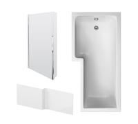 Balterley 1700 x 850mm L Shape Shower Bath with Leg Set, Chrome Fixed Return Shower Screen & L Shaped Bath Panel, Left Hand Single Ended Gloss White Soaking Baths, Acrylic Baths (White)