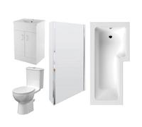 1700mm Bathroom Suite - L Shape Shower Bath, Front Panel, Shower Bath Screen, Vanity Basin Unit and Toilet and Seat - Gloss White