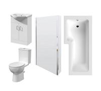 1700mm Bathroom Suite - L Shape Shower Bath, Front Panel, Shower Bath Screen, Vanity Basin Unit and Toilet and Seat, Gloss White