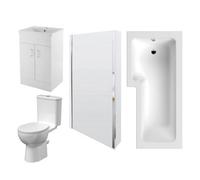 Balterley L Shape Square Bath, Screen & Panel Bathroom Suite, Vanity & Toilet in White Balterley White