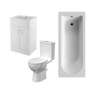 Balterley 1700mm Bathroom Suite With Round Single Ended Bath Tub, Front Panel, 500mm Vanity Basin Unit And Toilet And Seat - Gloss White
