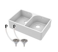 Balterley 795mm Belfast Kitchen Sink White Double Bowl with Full Weir and 2 Wastes with Overflow, Durable Durable Fireclay Belfast Ceramic Kitchen Sink Bowl - 795 x 500 x 220mm (White)