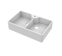 895mm - Fireclay 2 Bowl Stepped Weir Butler Kitchen Sink - Tap Ledge & Overflow