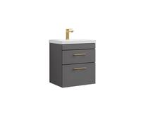 Rio 2 Drawer Wall Hung Vanity Basin Unit - 500mm - Gloss Grey with Brushed Brass D-shaped handles (Tap Not Included)