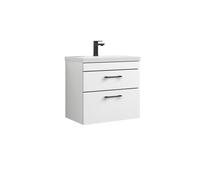 Rio 2 Drawer Wall Hung Vanity Basin Unit - 600mm - Gloss White with Square Black D-shaped handles (Tap Not Included) - Balterley