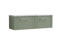 Partial Fluted 2 Drawer Wall Hung Vanity Unit with Carrera Marble Laminate Worktop - 1200mm - Satin Green