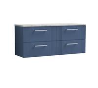 Partial Fluted 4 Drawer Wall Hung Vanity Unit with Bellato Grey Laminate Worktop - 1200mm - Satin Blue