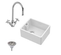 Balterley 460mm Belfast Kitchen Sink Single Bowl with Weir Overflow, Mono Crosshead Mixer Tap & Waste, Durable Belfast White Ceramic Kitchen Sink Bowl, Reversible Farmhouse Sinks (White/Chrome)