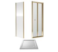 6mm Toughened Safety Glass Bi-Fold Shower Door, Side Panel and Shower Tray - 700 x 700 x 1900mm - Brushed Brass Frame - White Tray