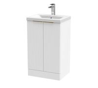 Balterley 500mm Satin White Fluted 2-Door Floor Standing Vanity Unit With Basin & Brushed Brass Handles