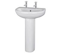 Balterley 555mm Bathroom Sink, Full Pedestal Ceramic Round Bowl Bathroom Wash Basin Sink with Overflow, 2 Tap Hole, Floor Standing Basin Sinks for Cloakroom - 550 x 445 x 845mm (White)