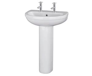 Balterley 555mm Bathroom Sink, Full Pedestal Ceramic Round Bowl Bathroom Wash Basin Sink with Overflow, 2 Tap Hole, Floor Standing Basin Sinks for Cloakroom - 550 x 445 x 845mm (White)