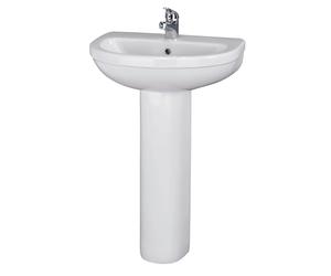 Balterley 555mm Bathroom Sink, Full Pedestal Ceramic Round Bowl Bathroom Wash Basin Sink with Overflow, 1 Tap Hole, Floor Standing Basin Sinks for Cloakroom - 555 x 445 x 845mm (White)