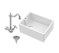Balterley 595mm Belfast Kitchen Sink Single Bowl with Overflow, Chrome Waste and French Classic Tap, Durable Fireclay Belfast Ceramic Kitchen Sink Bowl - 595 x 455 x 245mm (White)