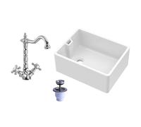 Balterley 595mm Belfast Kitchen Sink Single Bowl with Weir Overflow, Mono French Classic Crosshead Mixer Tap & Waste, Durable Belfast White Ceramic Kitchen Sink Bowl, Reversible Sinks (White/Chrome)