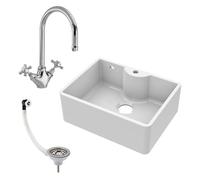 Balterley 595mm Butler Sink Single Bowl with Overflow, Chrome Waste and Mono Crosshead Tap, Durable Fireclay Butler White Ceramic Kitchen Sink Bowl, Easy to Clean Unit - 595 x 450 x 220mm (White)