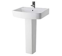 Balterley 600mm Bathroom Sink, Full Pedestal Ceramic Square Bowl Bathroom Wash Basin Sink with Overflow, 1 Tap Hole, Floor Standing Basin Sinks for Cloakroom - 600 x 450 x 820mm (White)