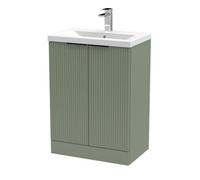 Balterley 600mm Satin Green Fluted Floor Standing Vanity With Basin, 2 Doors & Black Handles