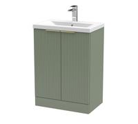 Balterley 600mm Satin Green Fluted Floor Standing Vanity With Basin, 2 Doors & Brushed Brass Handles