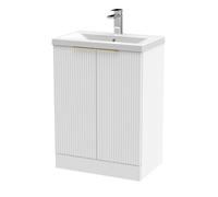 Balterley 600mm Satin White Fluted 2-Door Floor Standing Vanity Unit With Basin & Brushed Brass Handles