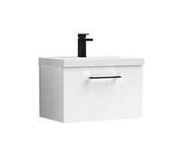 Balterley 600mm Wall Hung 1 Drawer Vanity Basin Unit, Gloss White, Black Handle in White Balterley White