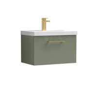 Balterley 600mm Wall Hung 1 Drawer Vanity Basin Unit, Satin Green, Brass Handle in Green Balterley Green