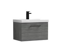 Balterley 600mm Wall Hung 1 Drawer Vanity, Woodgrain Anthracite, Black Handle in Grey Balterley Grey