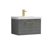 Balterley 600mm Wall Hung Bathroom 1 Drawer Vanity Unit & 1 Tap Hole Ceramic Basin, Woodgrain Anthracite & Brushed Brass Handle