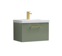 Balterley 600mm Wall Hung Bathroom 1 Drawer Vanity Unit And 1 Tap Hole Ceramic Basin, Satin Green With Brushed Brass Handle