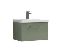 Balterley 600mm Wall Hung Bathroom 1 Drawer Vanity Unit And 1 Tap Hole Ceramic Basin, Satin Green With Brushed Pewter Handle