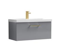 Balterley 600mm Wall Hung Bathroom 1 Drawer Vanity Unit And 1 Tap Hole Ceramic Basin, Satin Grey With Brushed Brass Handle