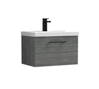 Balterley 600mm Wall Hung 1 Drawer Vanity, Woodgrain Anthracite, Black Handle in Grey Balterley Grey
