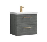 Balterley 600mm Wall Hung Bathroom 2 Drawer Vanity Unit & 1 Tap Hole Ceramic Basin, Woodgrain Anthracite & Brushed Bronze Handles