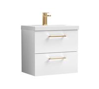 Balterley 600mm Wall Hung Bathroom 2 Drawer Vanity Unit and 1 Tap Hole Ceramic Basin, Gloss White with Brushed Bronze Handles