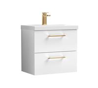 Balterley 600mm Wall Hung Bathroom 2 Drawer Vanity Unit and 1 Tap Hole Ceramic Basin, Gloss White with Brushed Bronze Handles