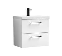 Balterley 600mm Wall Hung Bathroom 2 Drawer Vanity Unit and 1 Tap Hole Ceramic Basin, Gloss White with Black Handles