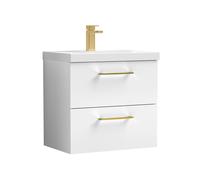 Balterley 600mm Wall Hung Bathroom 2 Drawer Vanity Unit and 1 Tap Hole Ceramic Basin, Gloss White with Brushed Brass Handles