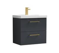 Balterley 600mm Wall Hung Bathroom 2 Drawer Vanity Unit and 1 Tap Hole Ceramic Basin, Satin Dark Grey with Brushed Brass Handles