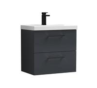 Balterley 600mm Wall Hung Bathroom 2 Drawer Vanity Unit and 1 Tap Hole Ceramic Basin, Satin Dark Grey with Black Handles