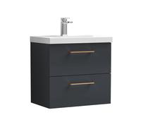 Balterley 600mm Wall Hung Bathroom 2 Drawer Vanity Unit and 1 Tap Hole Ceramic Basin, Satin Dark Grey with Copper Handles