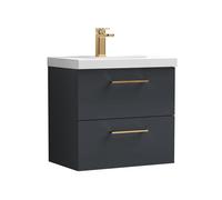 Balterley 600mm Wall Hung Bathroom 2 Drawer Vanity Unit and 1 Tap Hole Ceramic Basin, Satin Dark Grey with Brushed Bronze Handles