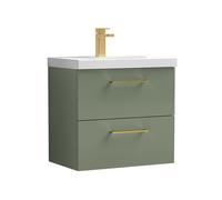 Balterley 600mm Wall Hung Bathroom 2 Drawer Vanity Unit and 1 Tap Hole Ceramic Basin, Satin Green with Brushed Brass Handles