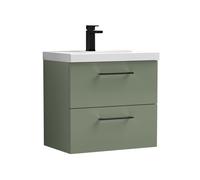 Balterley 600mm Wall Hung Bathroom 2 Drawer Vanity Unit and 1 Tap Hole Ceramic Basin, Satin Green with Black Handles