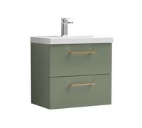 Balterley 600mm Wall Hung Bathroom 2 Drawer Vanity Unit and 1 Tap Hole Ceramic Basin, Satin Green with Copper Handles