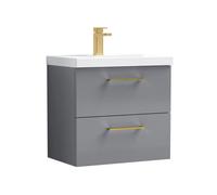 Balterley 600mm Wall Hung Bathroom 2 Drawer Vanity Unit and 1 Tap Hole Ceramic Basin, Satin Grey with Brushed Brass Handles