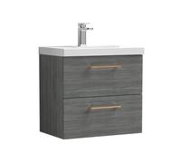 Balterley 600mm Wall Hung Bathroom 2 Drawer Vanity Unit and 1 Tap Hole Ceramic Basin, Woodgrain Anthracite with Copper Handles