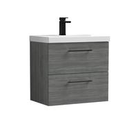 Balterley 600mm Wall Hung Bathroom 2 Drawer Vanity Unit and 1 Tap Hole Ceramic Basin, Woodgrain Anthracite with Black Handles